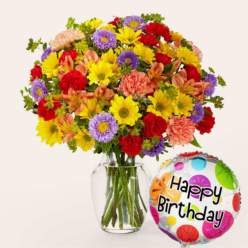 Kaleidoscope Bouquet with Birthday Balloon – Amour Flowers, Frederick MD