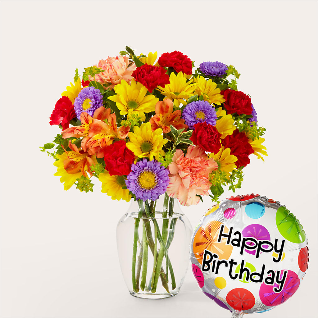 Kaleidoscope Bouquet with Birthday Balloon – Amour Flowers, Frederick MD