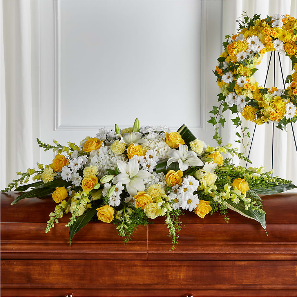 Golden Harmony Casket Spray – Amour Flowers, Frederick MD